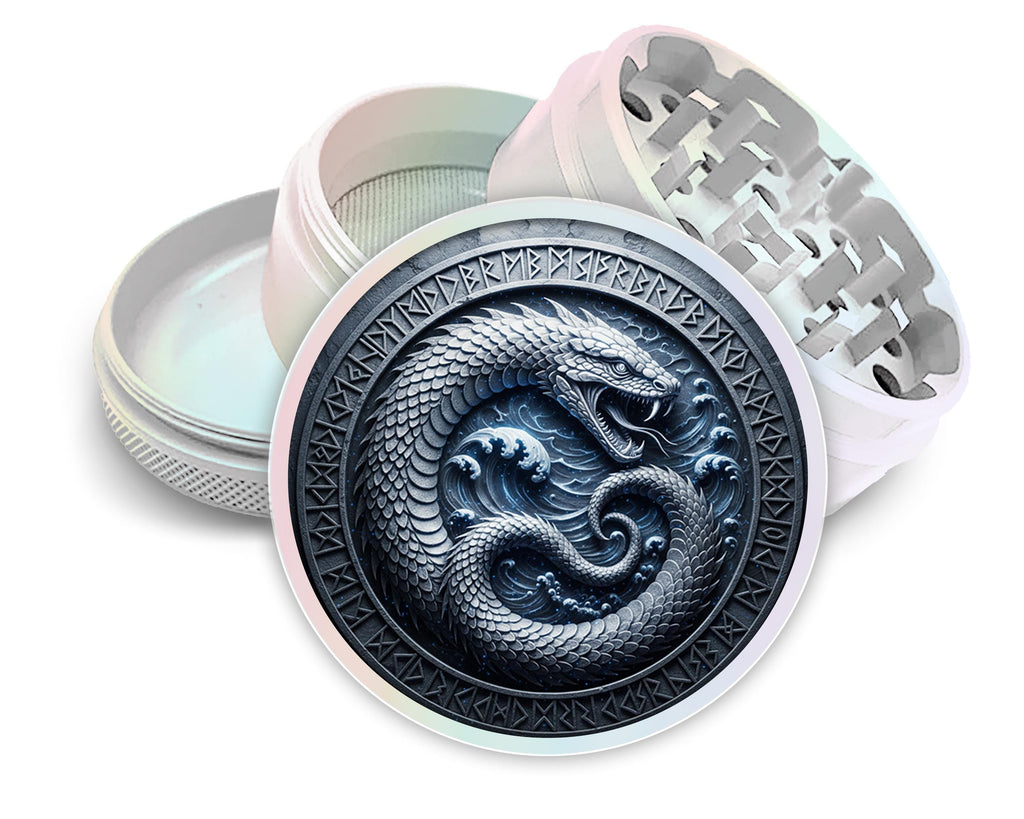 Oceanic ouroboros rune circle design on pearl white herb grinder with open product view