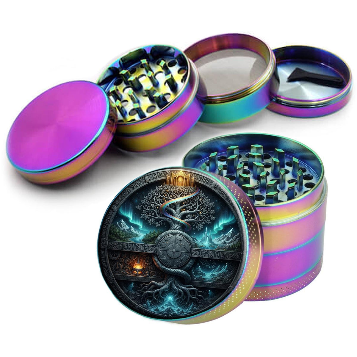 Yggdrasil tree and cosmic portal design on rainbow herb grinder with open product view
