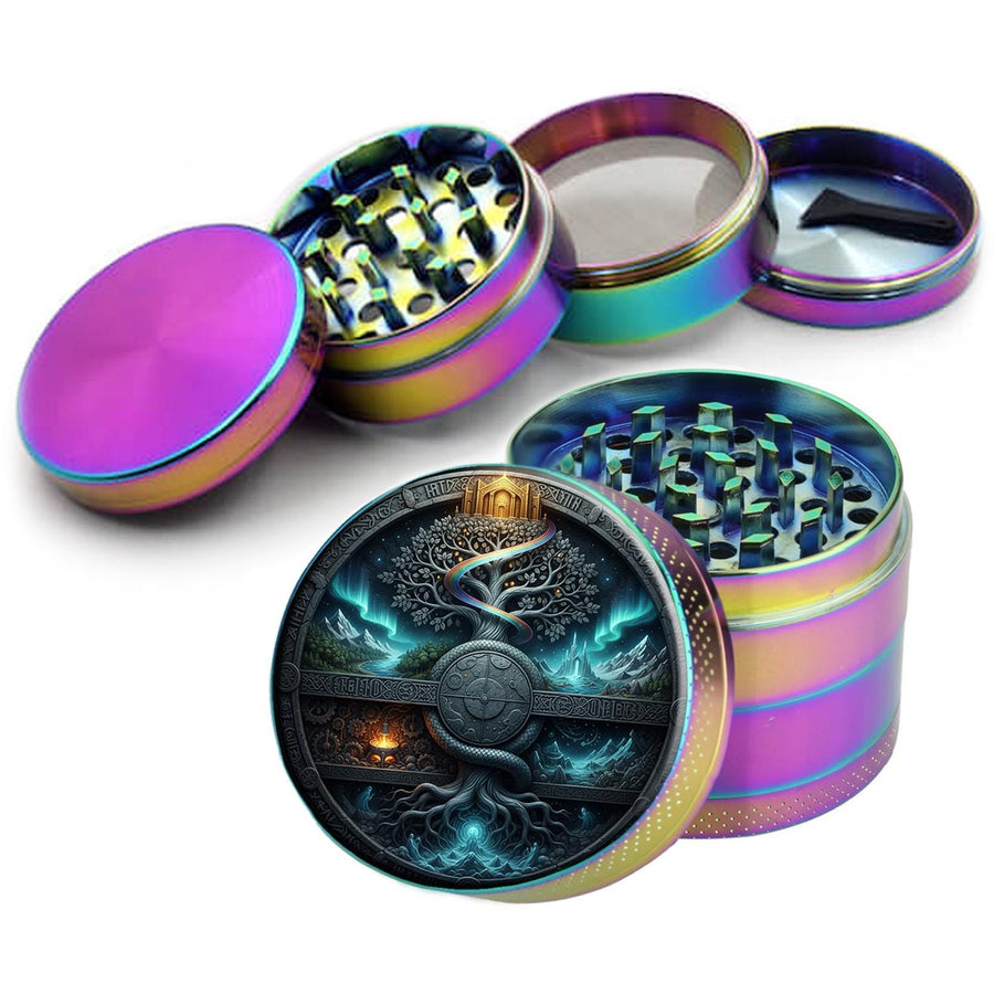Yggdrasil tree and cosmic portal design on rainbow herb grinder with open product view