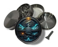 Yggdrasil tree and cosmic portal design on grey herb grinder with open product view