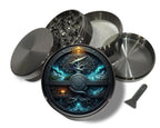 Yggdrasil tree and cosmic portal design on grey herb grinder with open product view