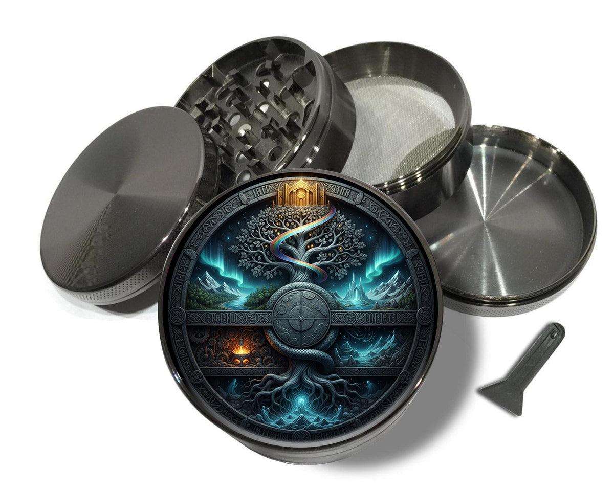 Yggdrasil tree and cosmic portal design on grey herb grinder with open product view