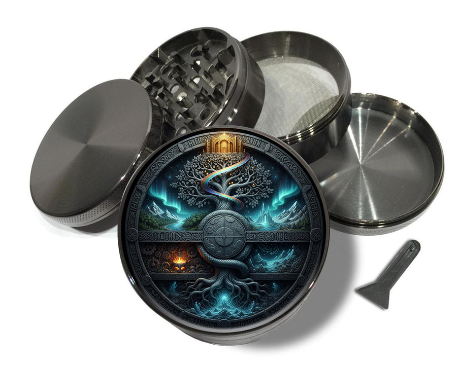 Yggdrasil tree and cosmic portal design on grey herb grinder with open product view
