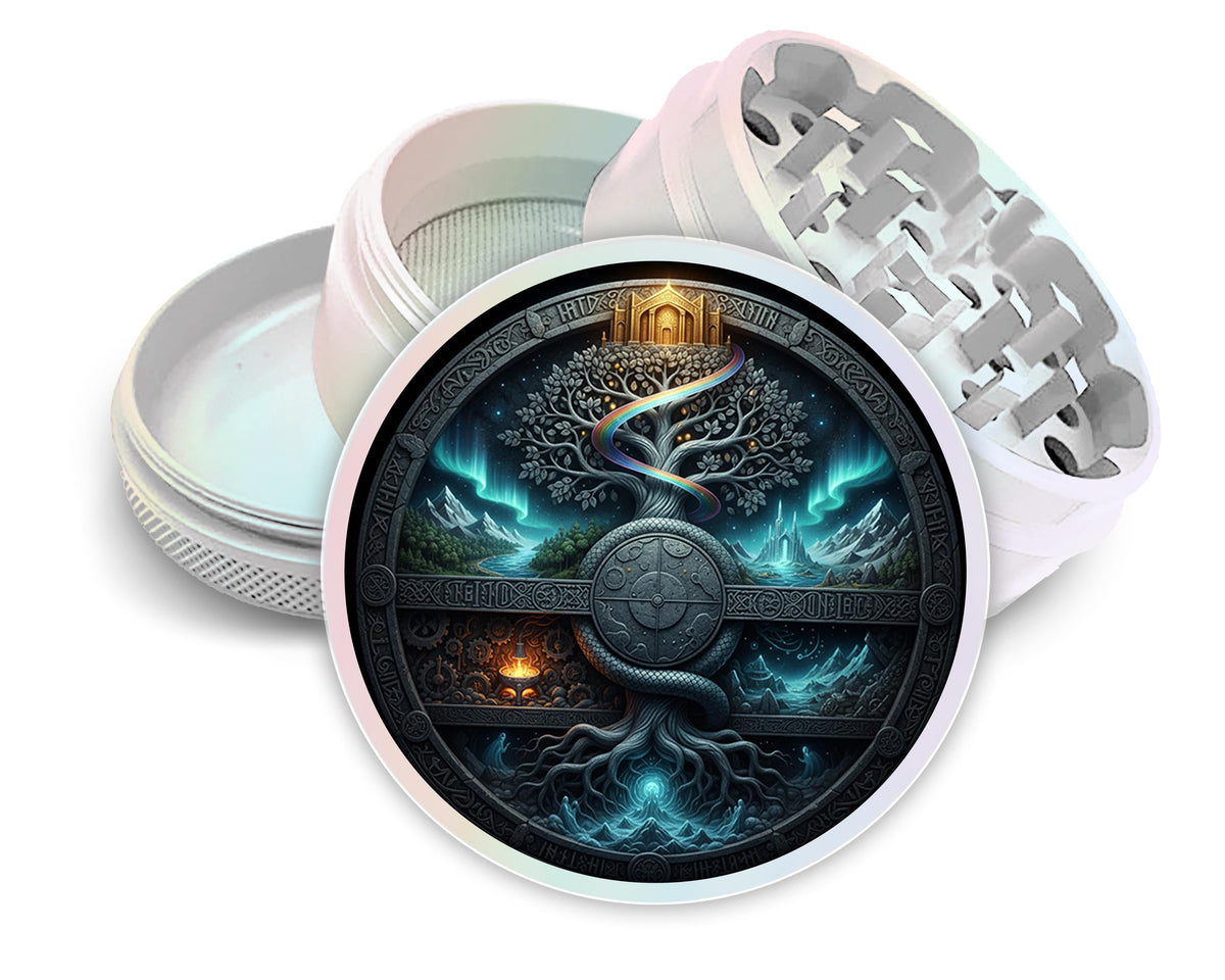 Yggdrasil tree and cosmic portal design on pearl white herb grinder with open product view