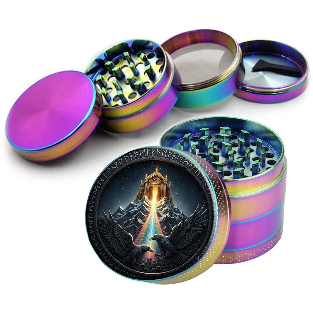 Valhalla ravens and rainbow path design on rainbow herb grinder with open product view