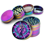 Neon cosmic warrior goddess design on rainbow herb grinder with open product view