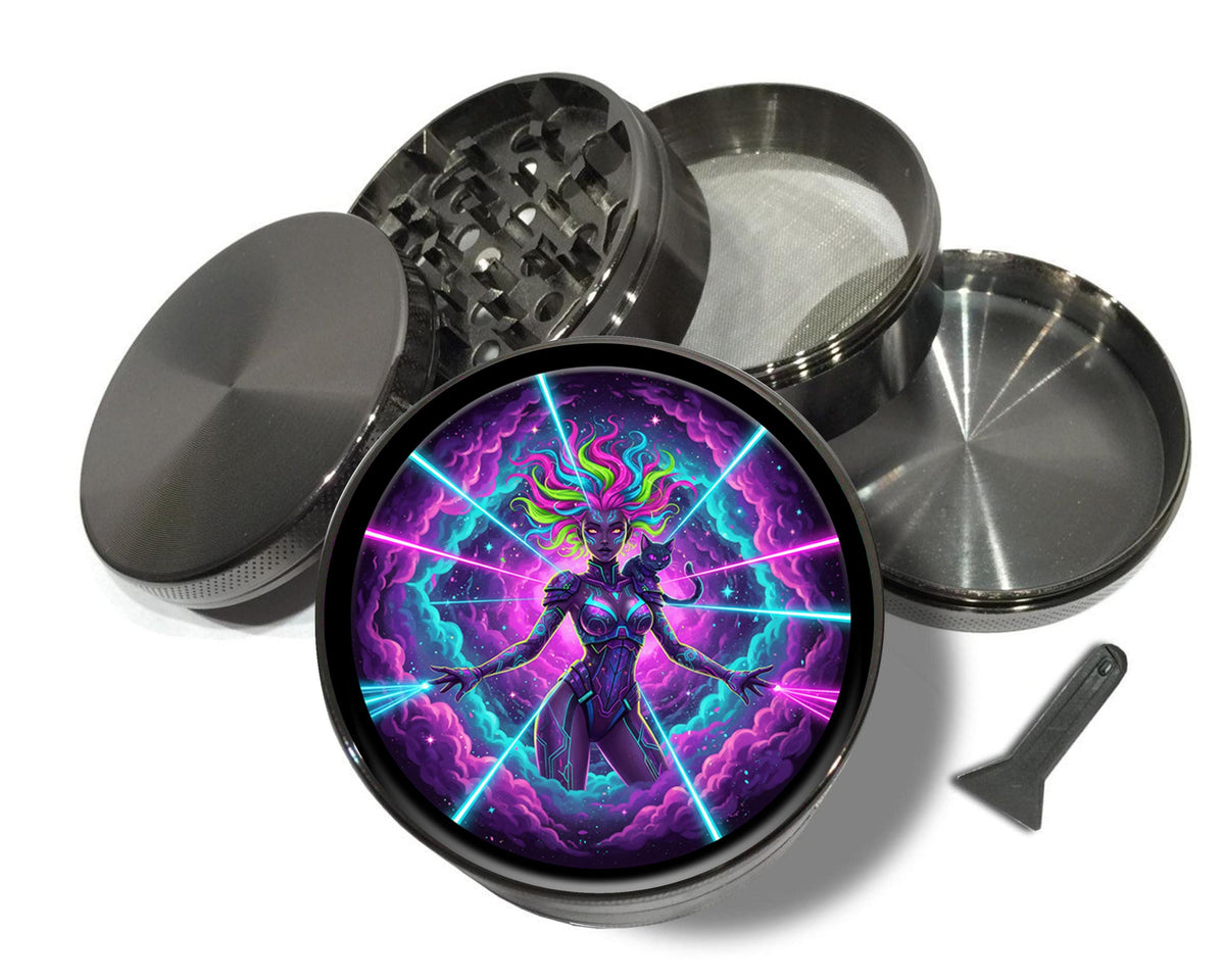 Neon cosmic warrior goddess design on grey herb grinder with open product view