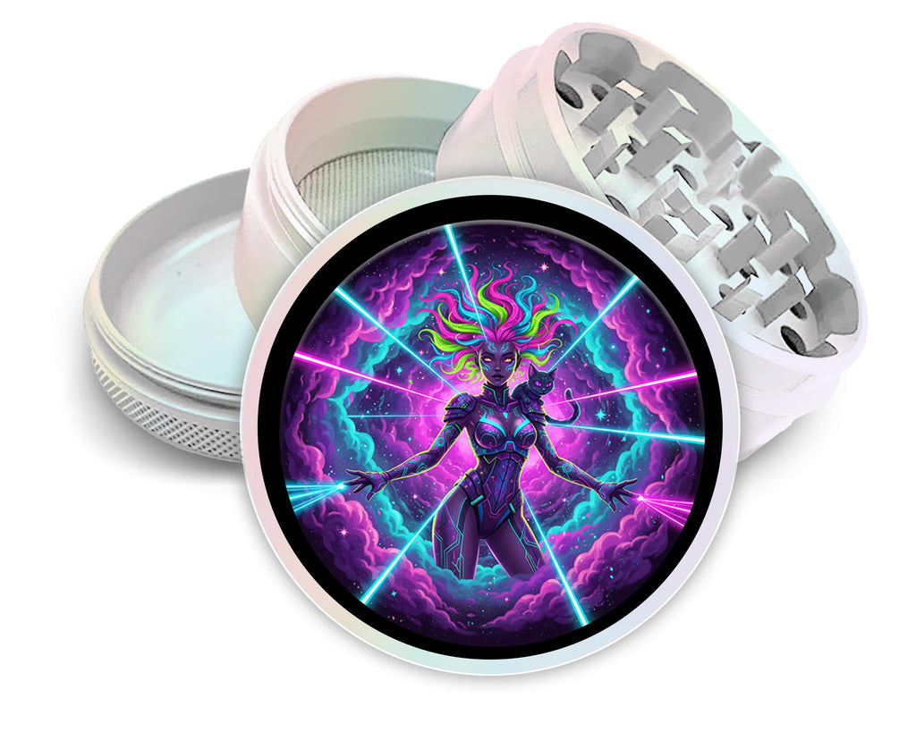 Neon cosmic warrior goddess design on pearl white herb grinder with open product view