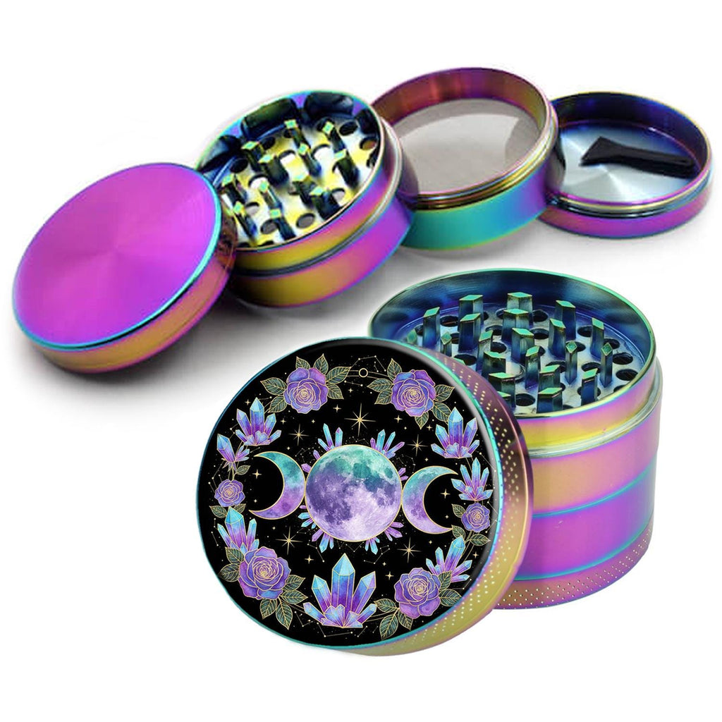 Crystal moon goddess mandala design on rainbow herb grinder with open product view