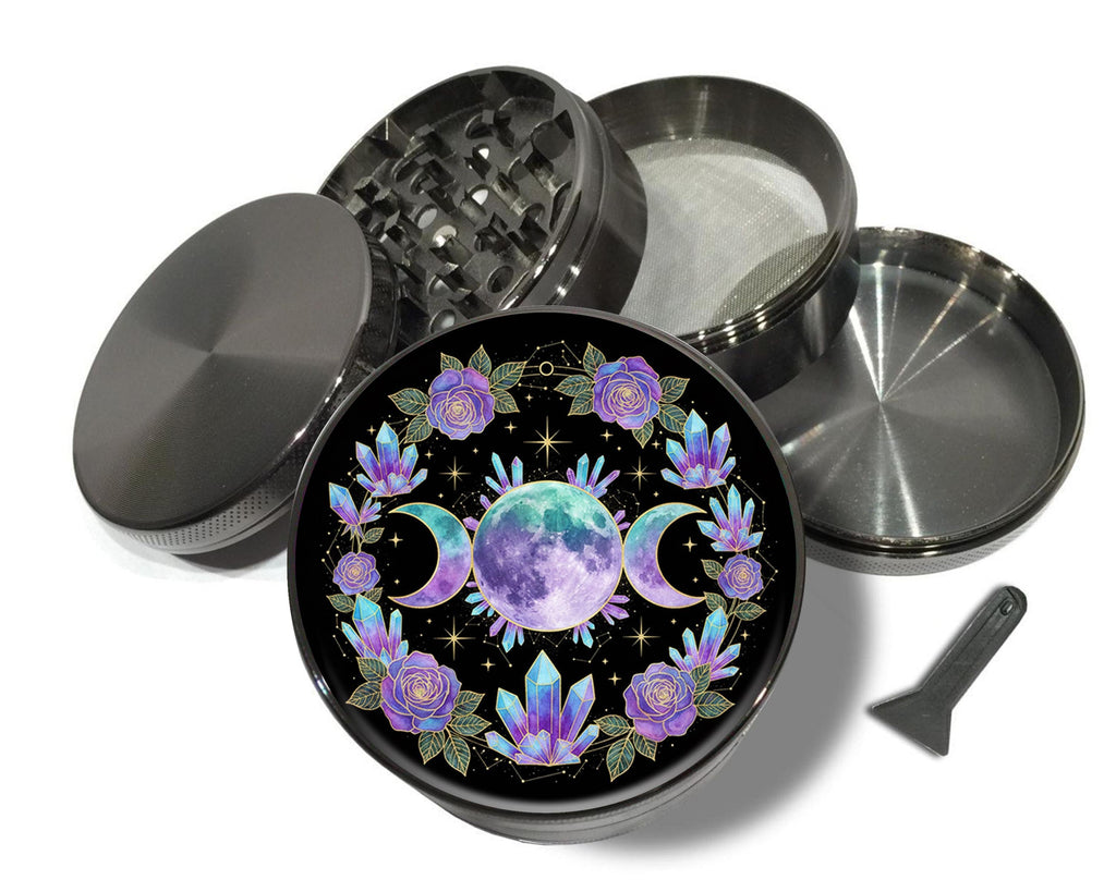 Crystal moon goddess mandala design on grey herb grinder with open product view