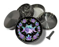 Crystal moon goddess mandala design on grey herb grinder with open product view