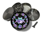 Crystal moon goddess mandala design on grey herb grinder with open product view