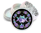 Crystal moon goddess mandala design on pearl white herb grinder with open product view
