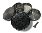 Occult timekeeper alchemy seal design on grey herb grinder with open product view