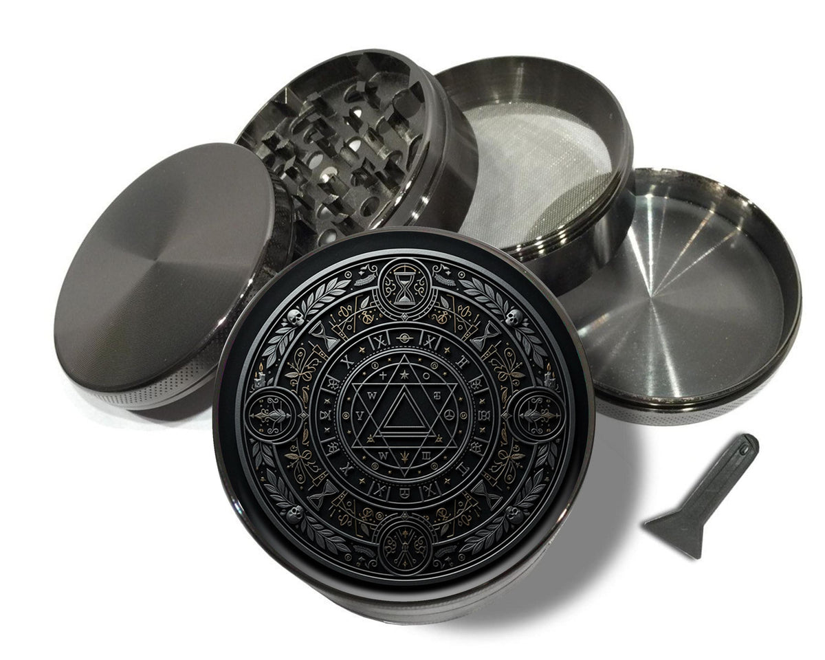 Occult timekeeper alchemy seal design on grey herb grinder with open product view