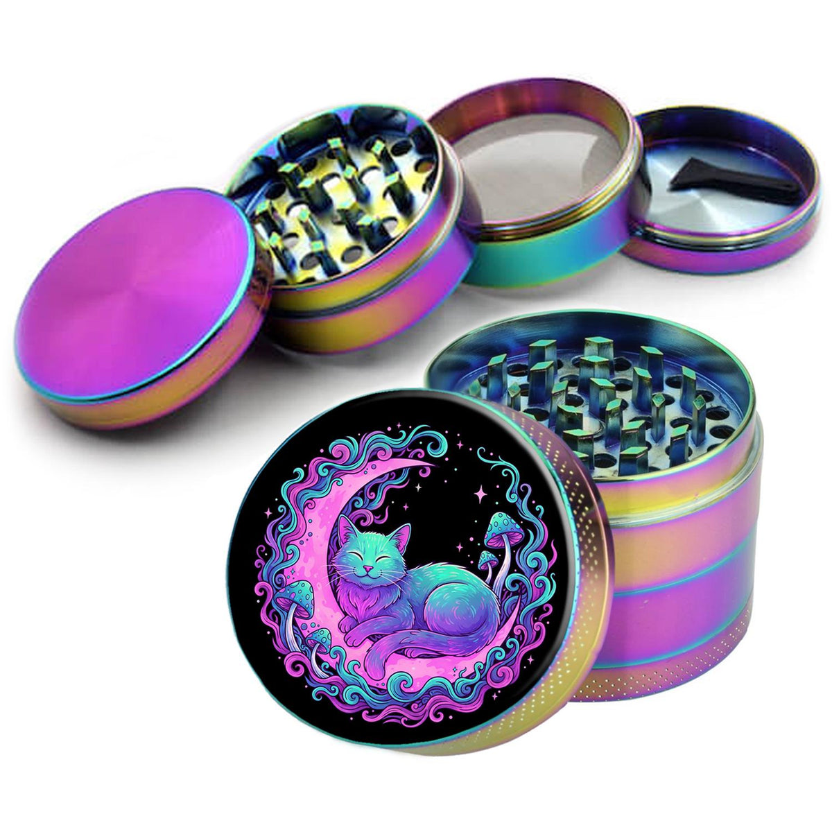 Colorful cat and moon artwork design on rainbow herb grinder with open product view