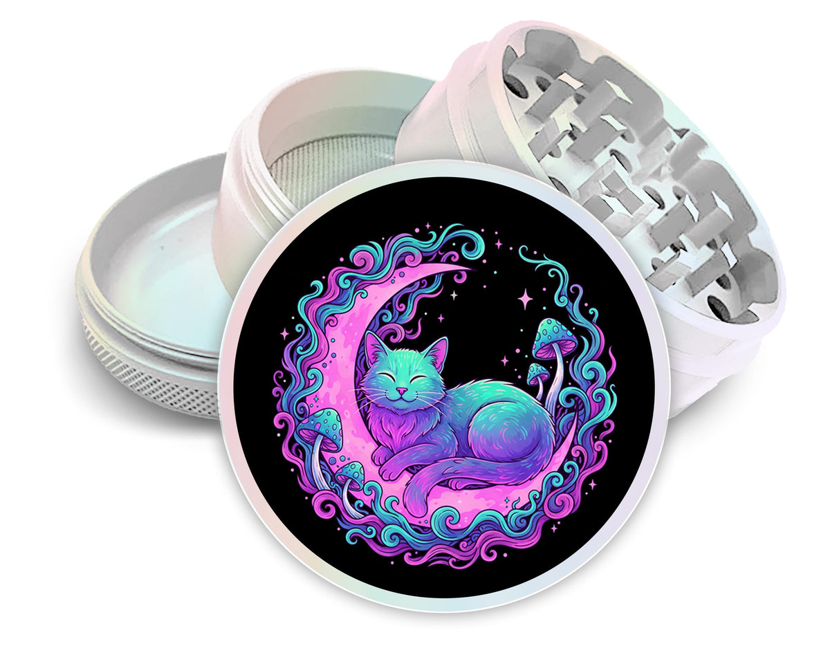 Colorful cat and moon artwork design on pearl white herb grinder with open product view