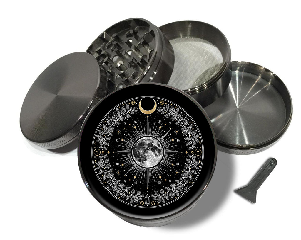 Lunar bloom celestial circle design on grey herb grinder with open product view