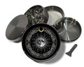 Lunar bloom celestial circle design on grey herb grinder with open product view