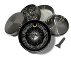 Lunar bloom celestial circle design on grey herb grinder with open product view