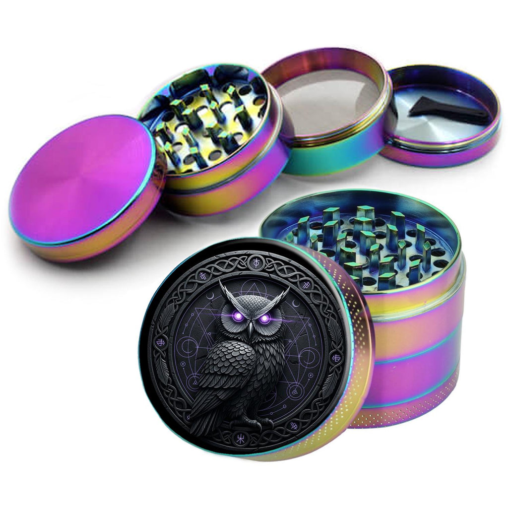 Arcane owl and geometric sigil design on rainbow herb grinder with open product view