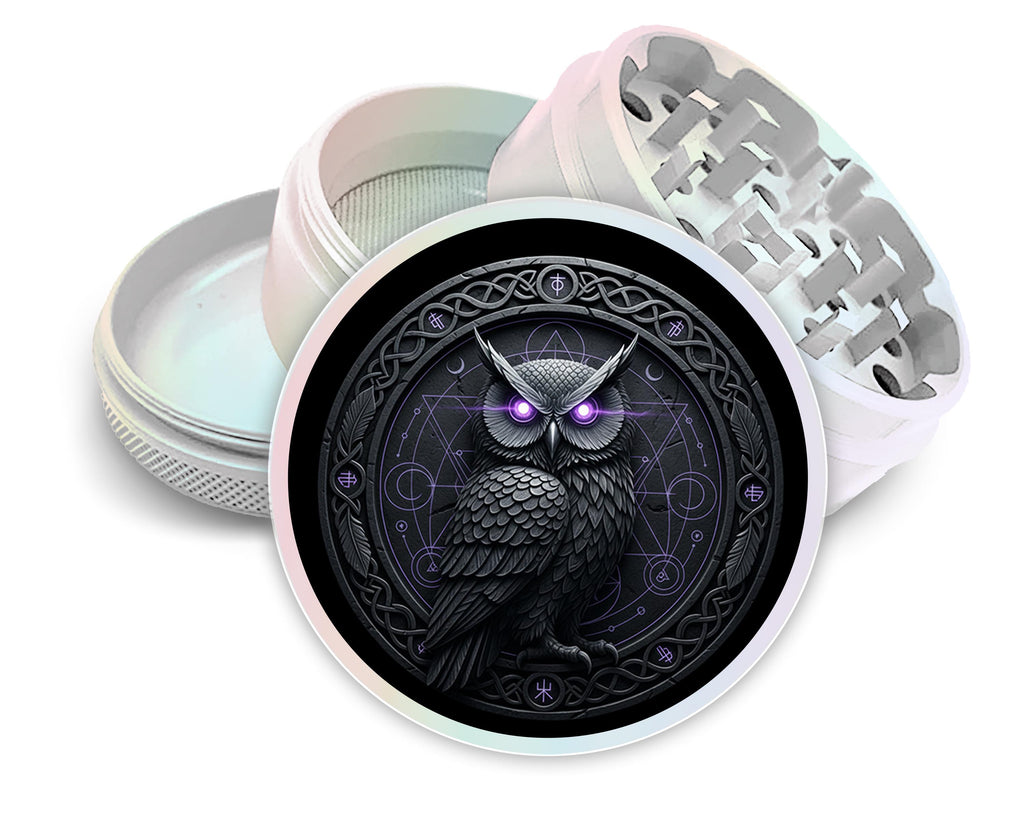 Arcane owl and geometric sigil design on pearl white herb grinder with open product view