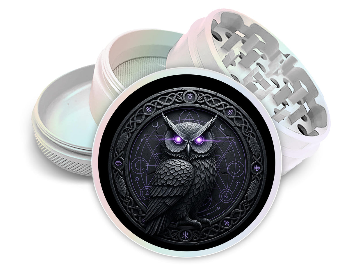 Arcane owl and geometric sigil design on pearl white herb grinder with open product view
