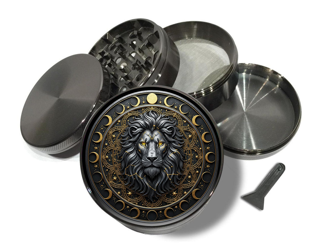 Lion and moon phase crest design on grey herb grinder with open product view