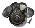 Lion and moon phase crest design on grey herb grinder with open product view