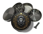 Lion and moon phase crest design on grey herb grinder with open product view