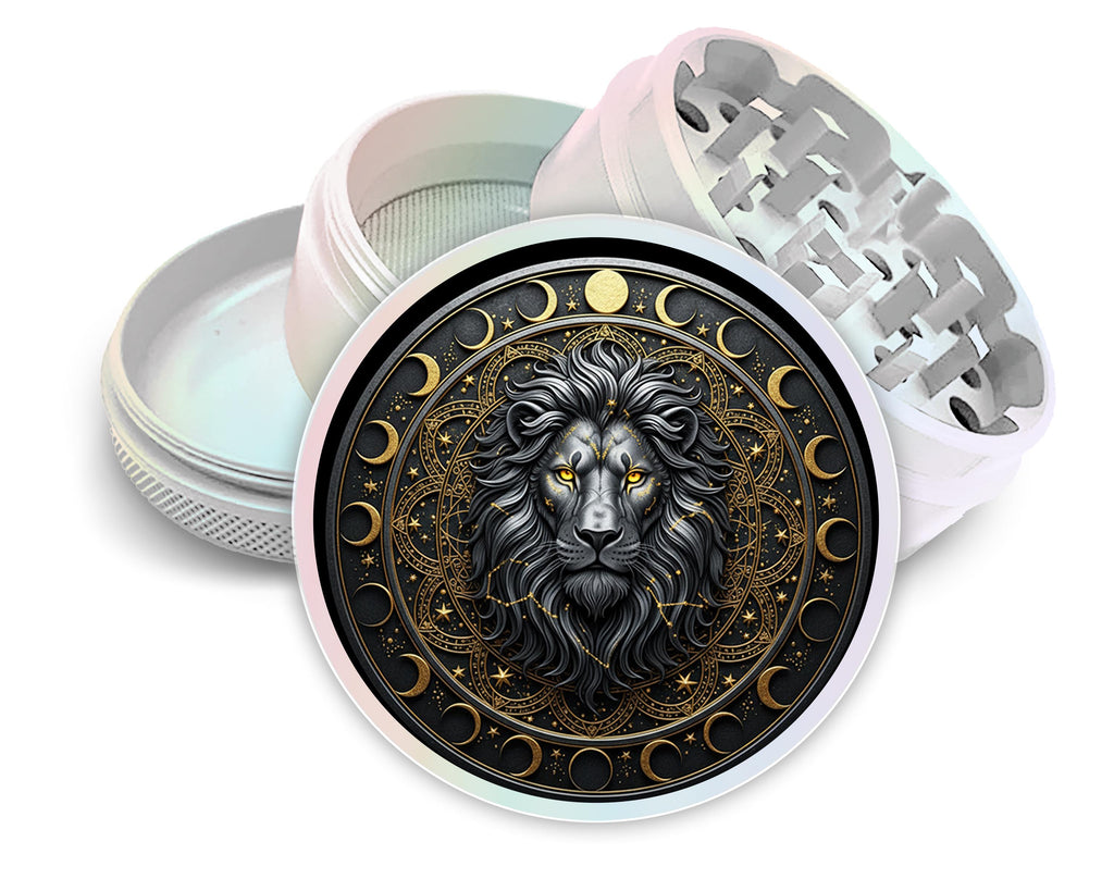 Lion and moon phase crest design on pearl white herb grinder with open product view