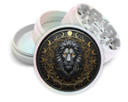 Lion and moon phase crest design on pearl white herb grinder with open product view