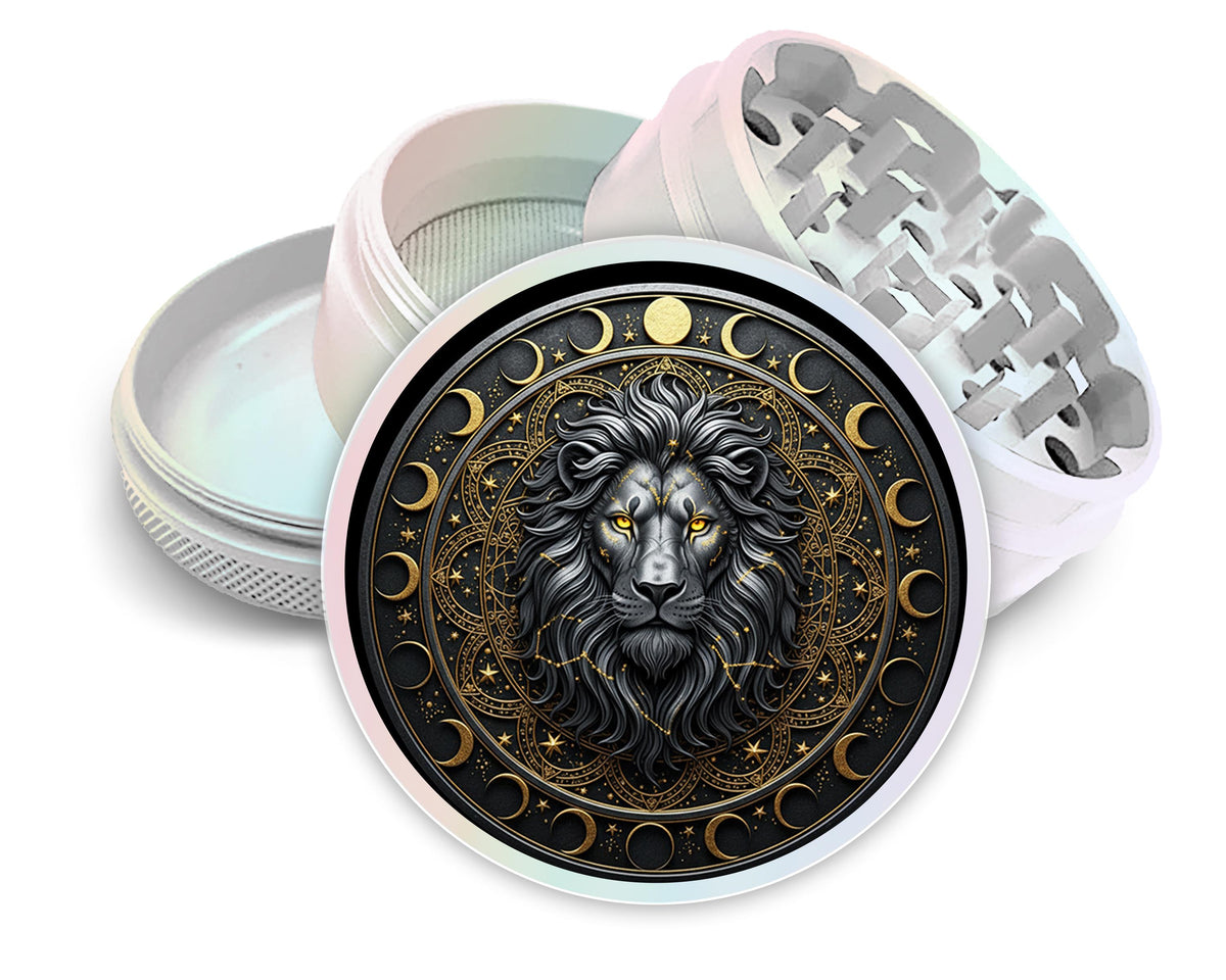 Lion and moon phase crest design on pearl white herb grinder with open product view