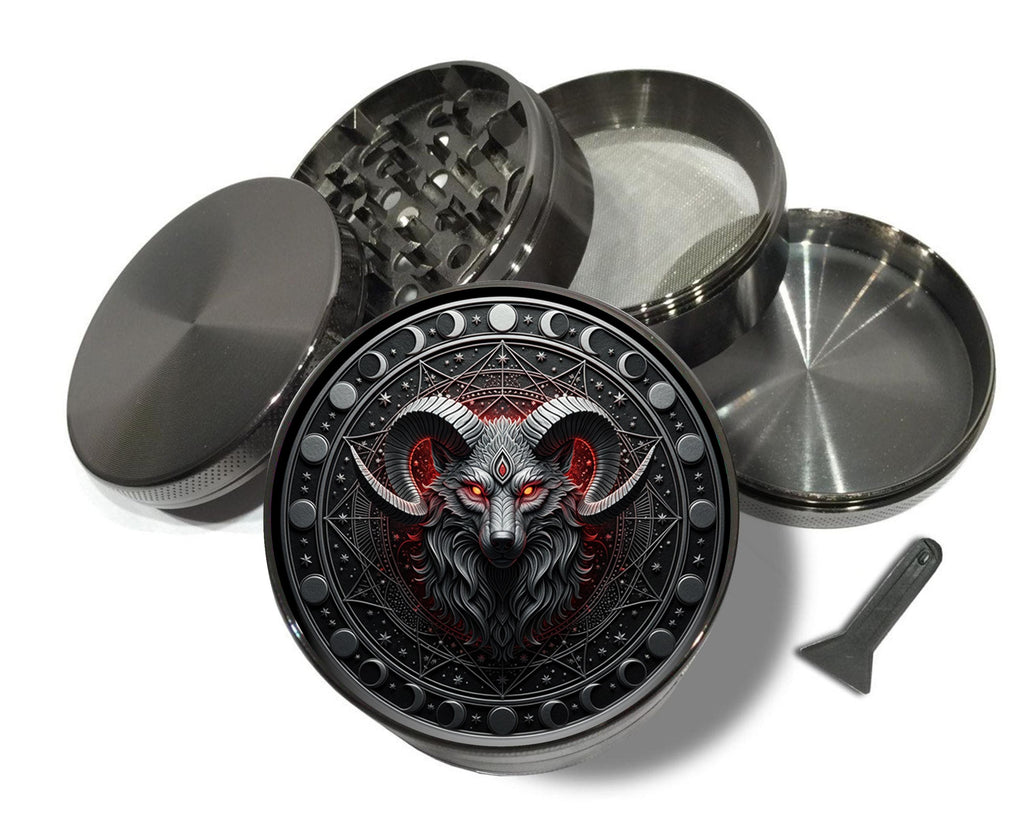 Ram skull and lunar sigil design on grey herb grinder with open product view