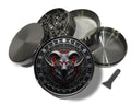 Ram skull and lunar sigil design on grey herb grinder with open product view