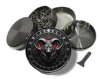 Ram skull and lunar sigil design on grey herb grinder with open product view