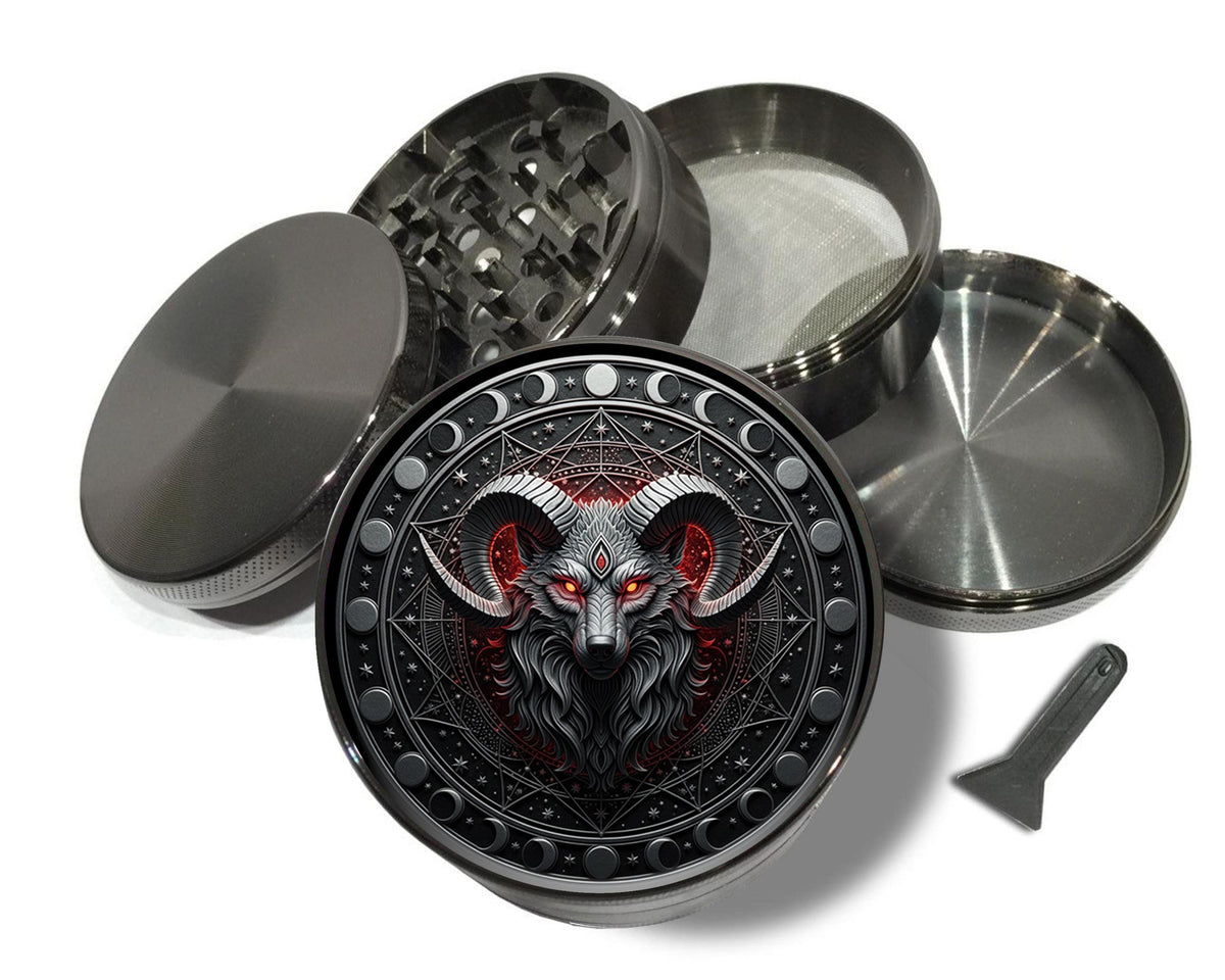 Ram skull and lunar sigil design on grey herb grinder with open product view