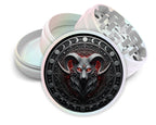 Ram skull and lunar sigil design on pearl white herb grinder with open product view