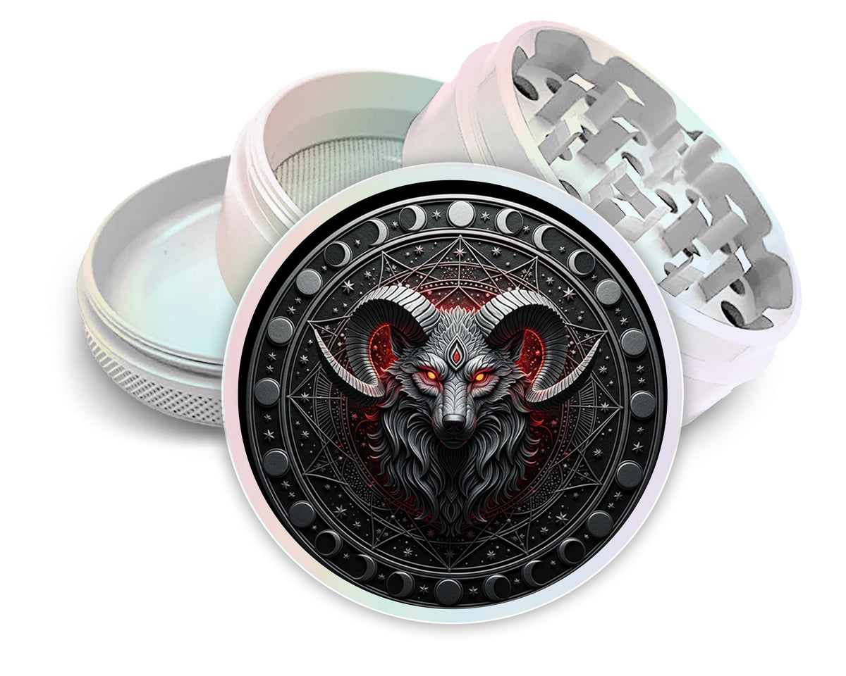Ram skull and lunar sigil design on pearl white herb grinder with open product view