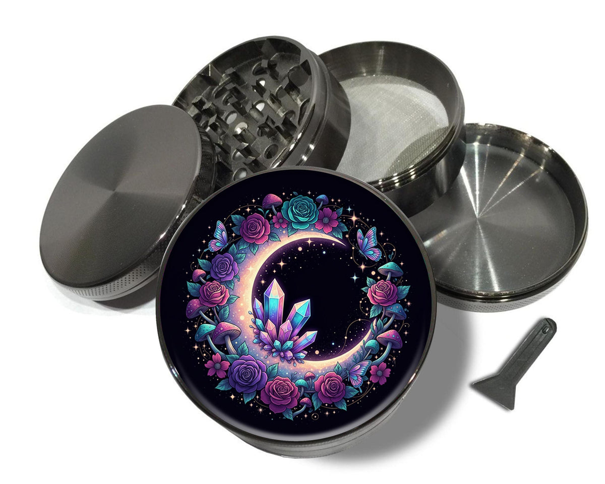 Floral Crescent Crystal Garden Herb Grinder - grey open product view