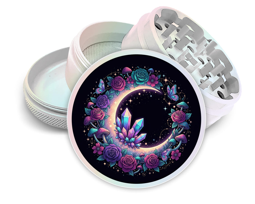 Floral Crescent Crystal Garden Herb Grinder - pearl white open product view