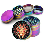 Solar face and third-eye motif design on rainbow herb grinder with open product view
