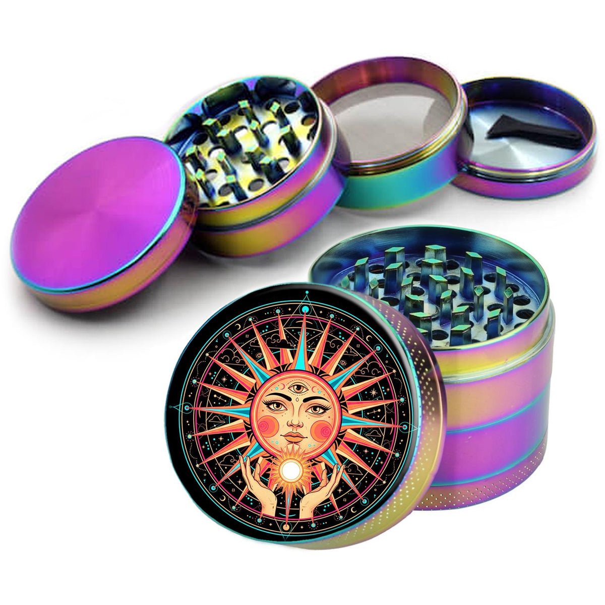 Solar face and third-eye motif design on rainbow herb grinder with open product view