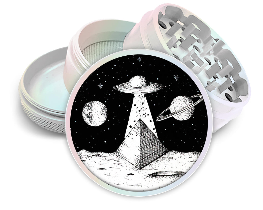 UFO landscape scene design on pearl white herb grinder with open product view