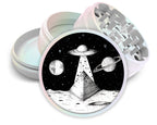 UFO landscape scene design on pearl white herb grinder with open product view
