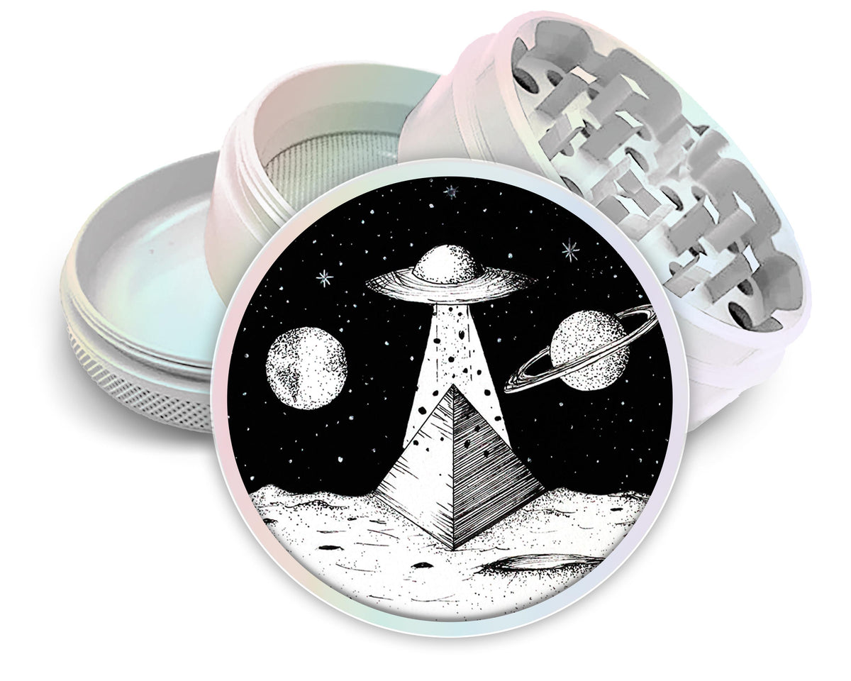 UFO landscape scene design on pearl white herb grinder with open product view