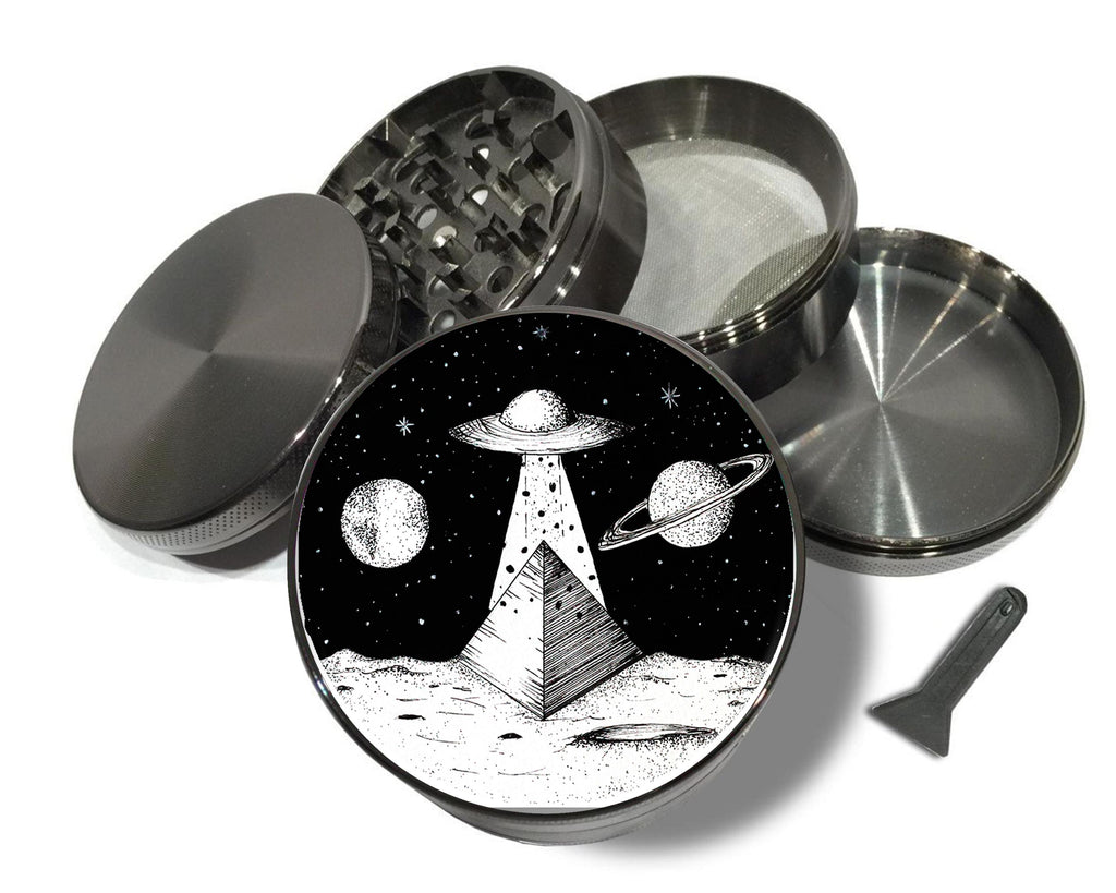 UFO landscape scene design on grey herb grinder with open product view
