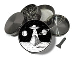 UFO landscape scene design on grey herb grinder with open product view