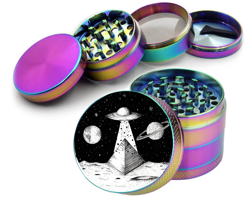 UFO landscape scene design on rainbow herb grinder with open product view