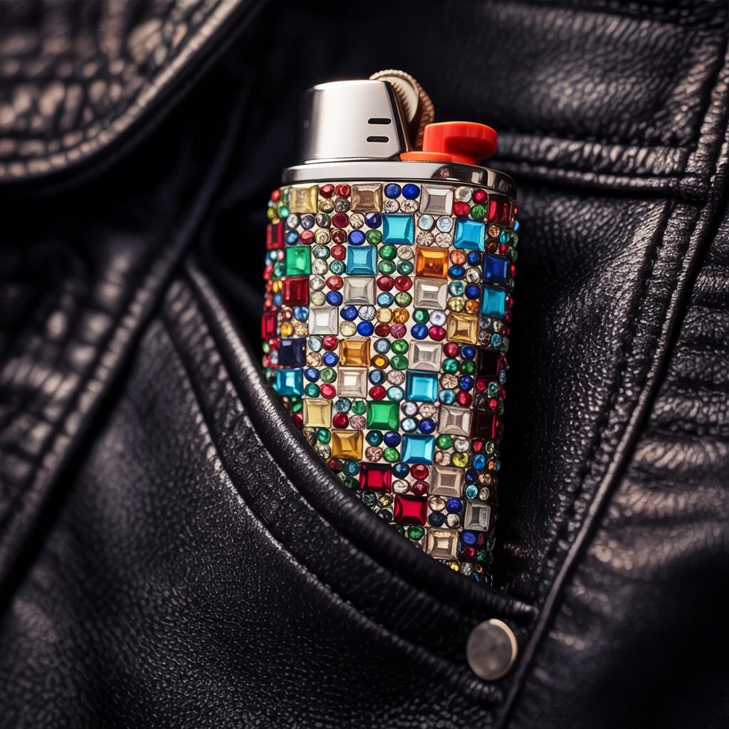 Rainbow rhinestone-style lighter case shown in a black pocket close-up